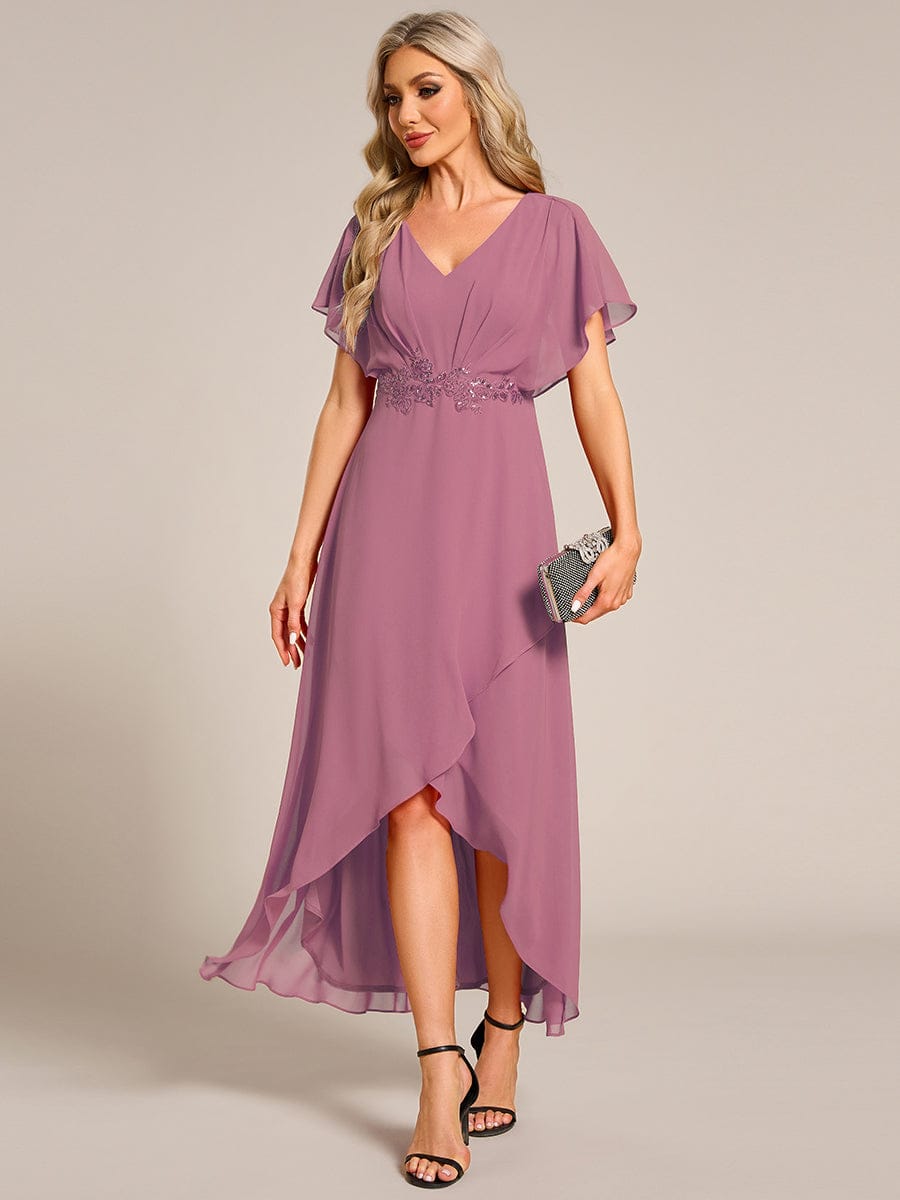 Waist Applique A-Line Chiffon V-Neck Evening Dress #color_Purple Orchid