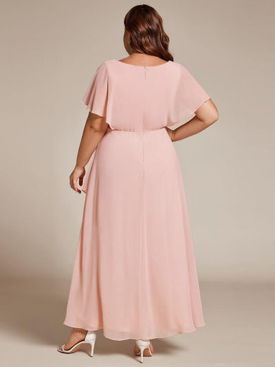 Plus Size Waist Applique A-Line Chiffon V-Neck Evening Dress #color_Pink