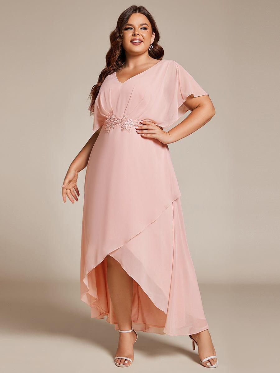 Plus Size Waist Applique A-Line Chiffon V-Neck Evening Dress #color_Pink
