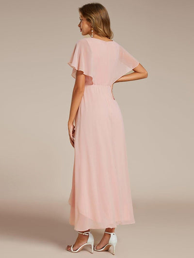 Waist Applique A-Line Chiffon V-Neck Evening Dress #color_Pink