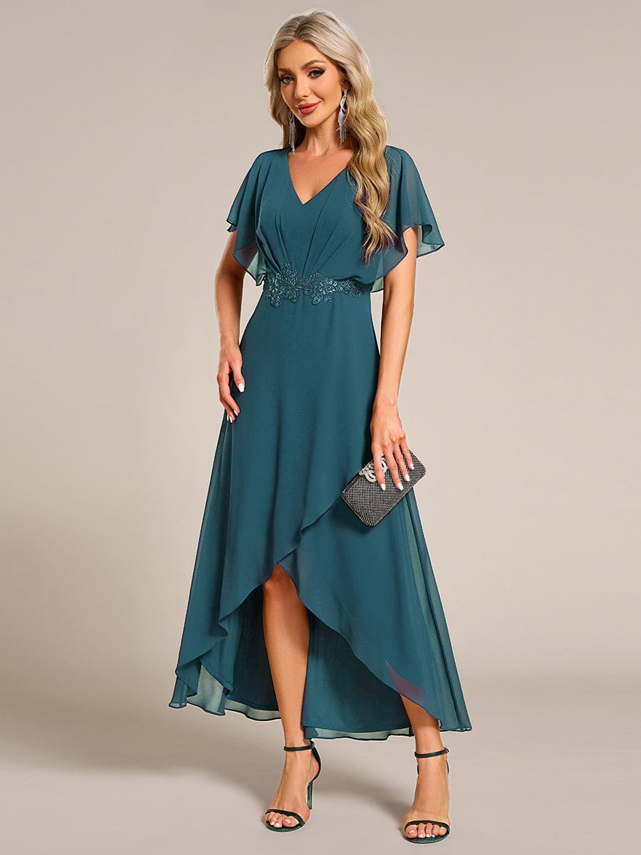 Waist Applique A-Line Chiffon V-Neck Evening Dress #color_Teal