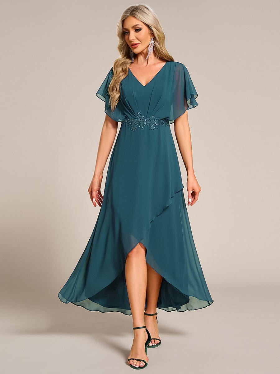 Waist Applique A-Line Chiffon V-Neck Evening Dress #color_Teal