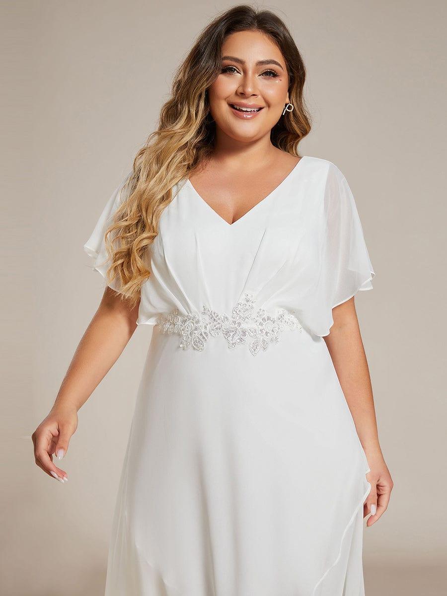 Waist Applique A-Line Chiffon V-Neck Wedding Guest Dress #color_White