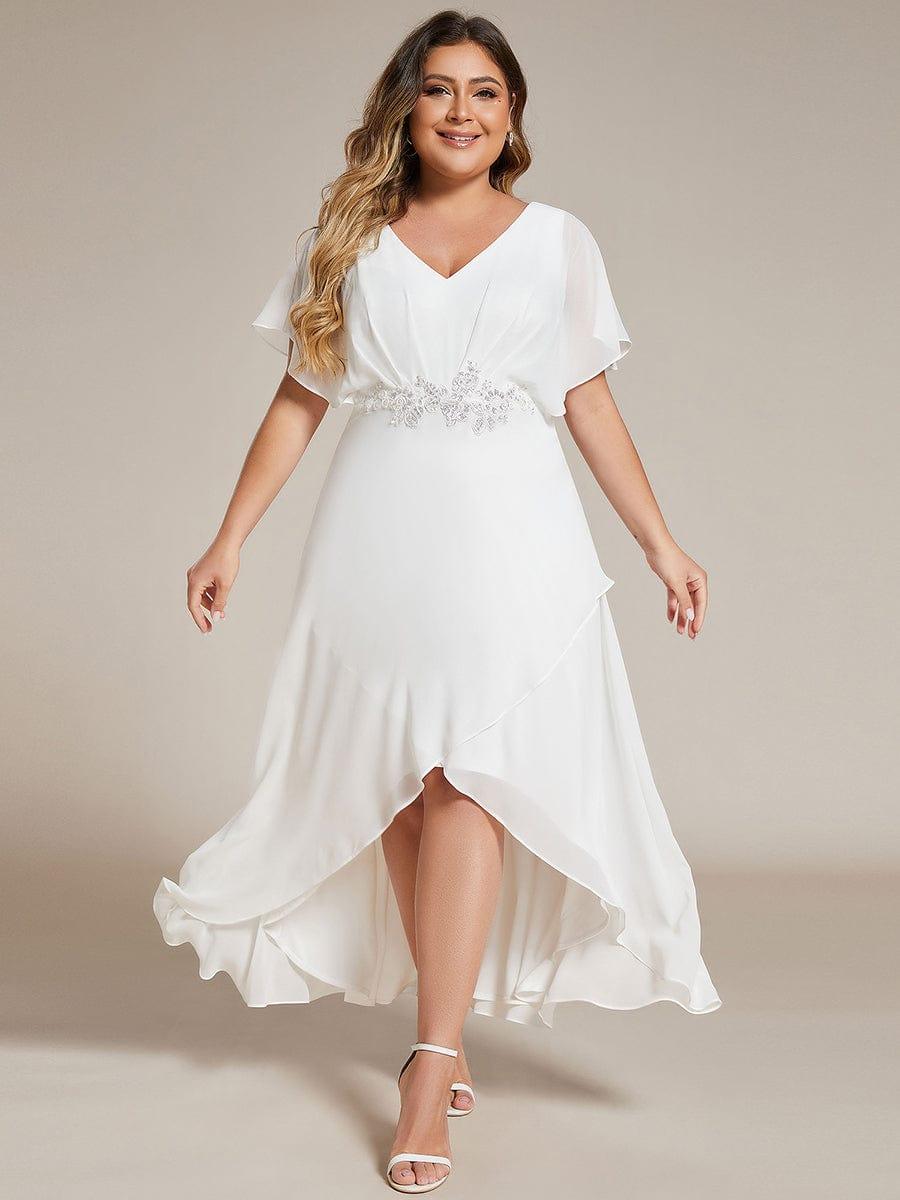 Waist Applique A-Line Chiffon V-Neck Wedding Guest Dress #color_White