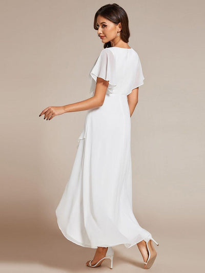 Waist Applique A-Line Chiffon V-Neck Wedding Guest Dress #color_White