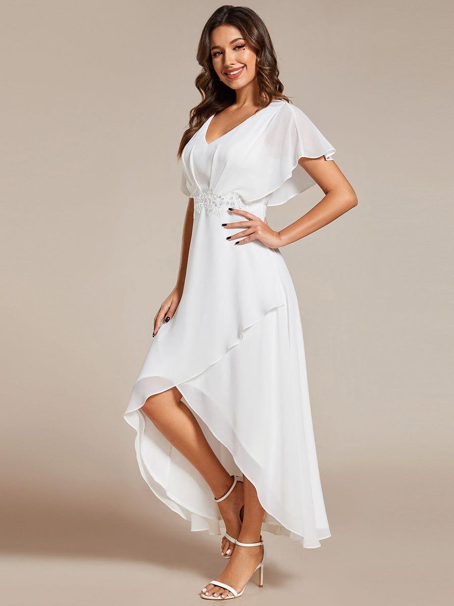 Waist Applique A-Line Chiffon V-Neck Wedding Guest Dress #color_White