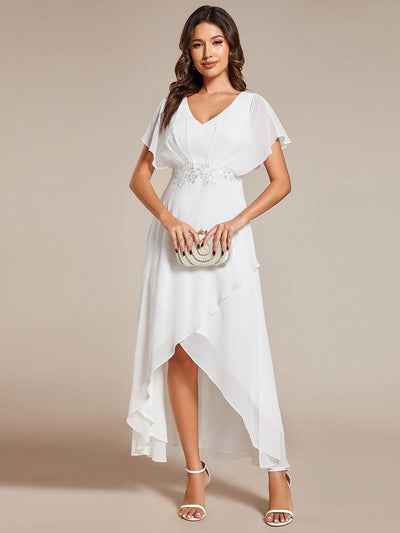 Waist Applique A-Line Chiffon V-Neck Wedding Guest Dress #color_White