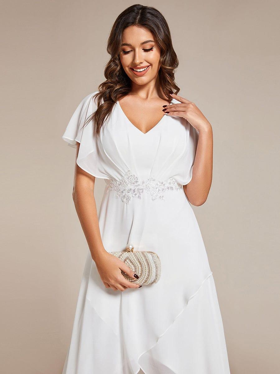 Waist Applique A-Line Chiffon V-Neck Wedding Guest Dress #color_White