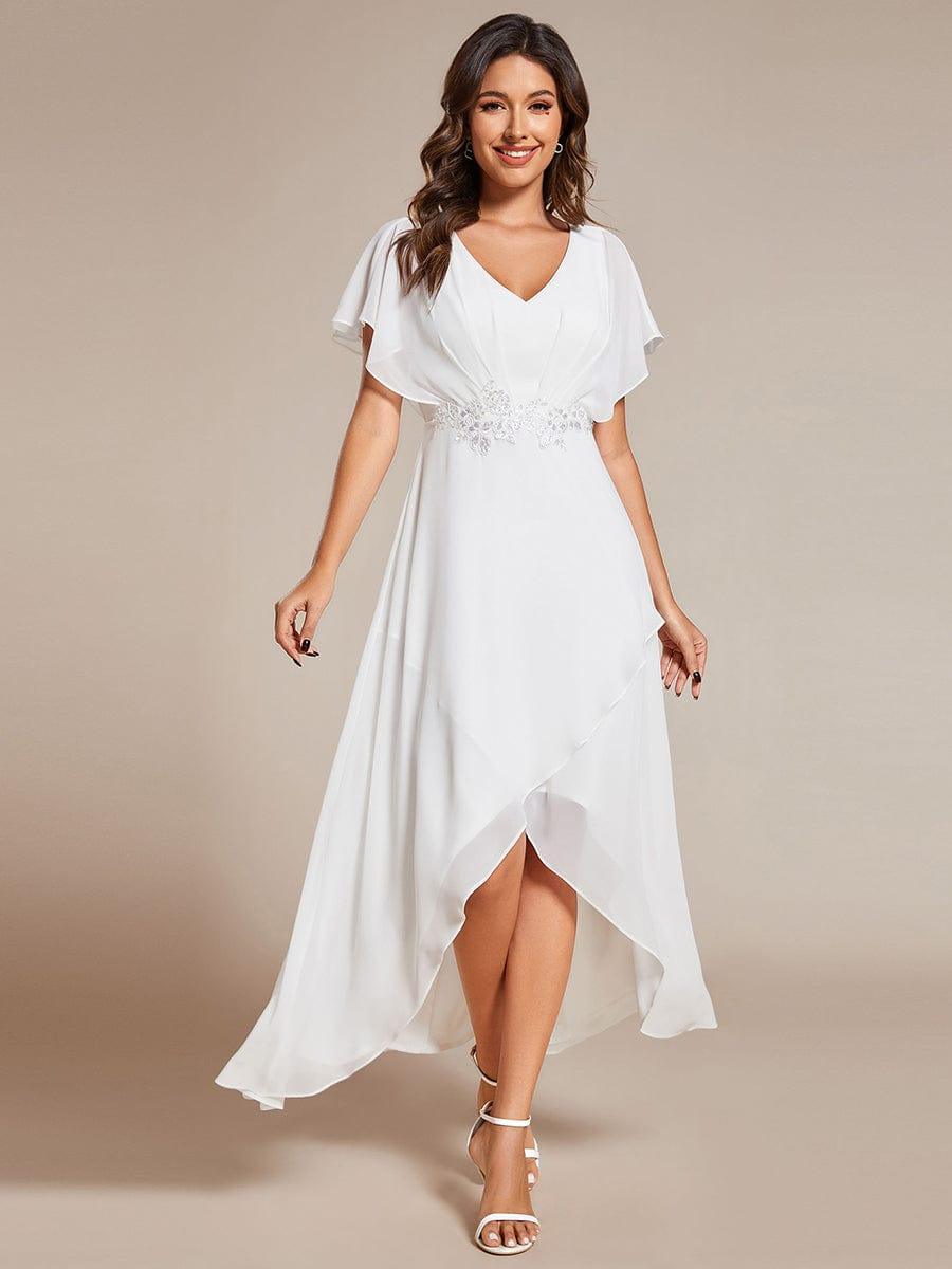 Waist Applique A-Line Chiffon V-Neck Wedding Guest Dress #color_White