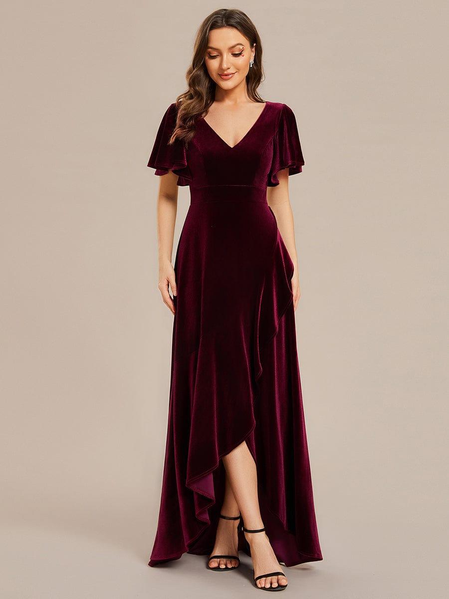 Double V-Neck Velvet Wedding Guest Dress with Lotus Leaf Hem