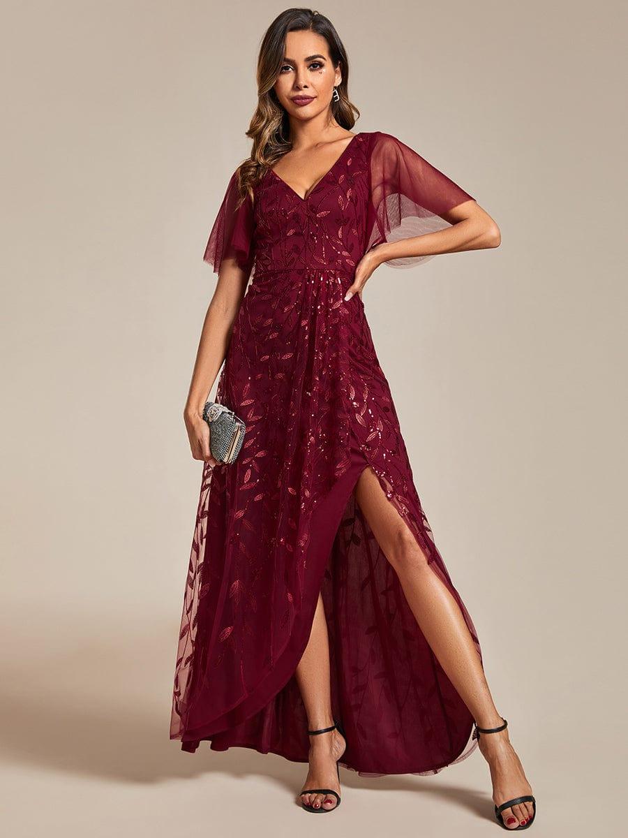 V-Neck Sequined Wedding Guest Dresses with High Slit #color_Burgundy