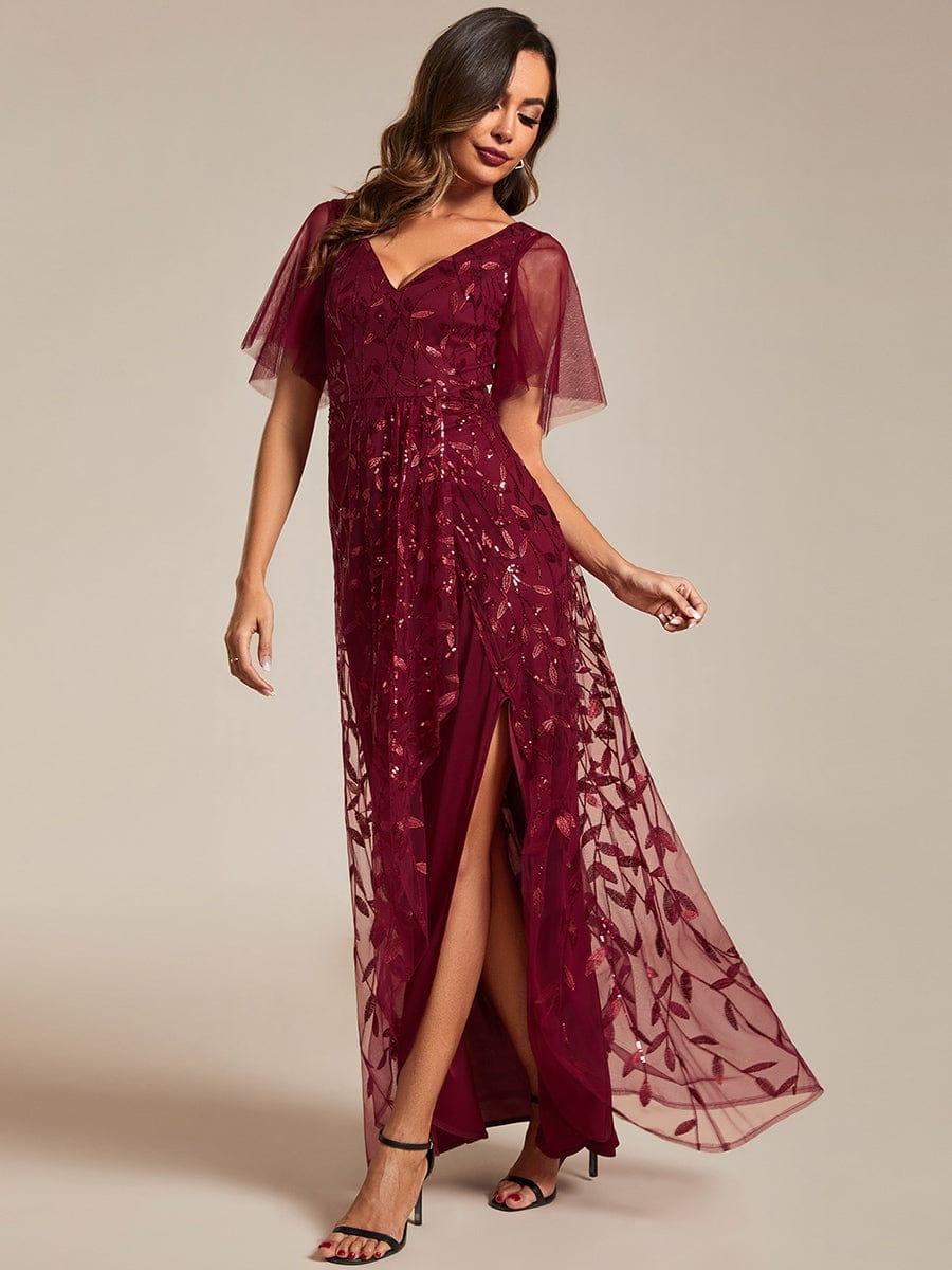 V-Neck Sequined Wedding Guest Dresses with High Slit #color_Burgundy