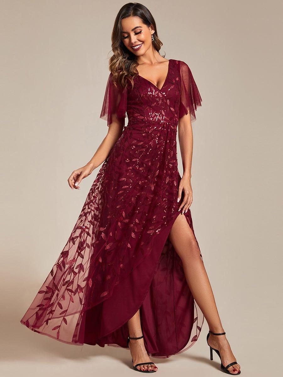 V-Neck Sequined Wedding Guest Dresses with High Slit #color_Burgundy