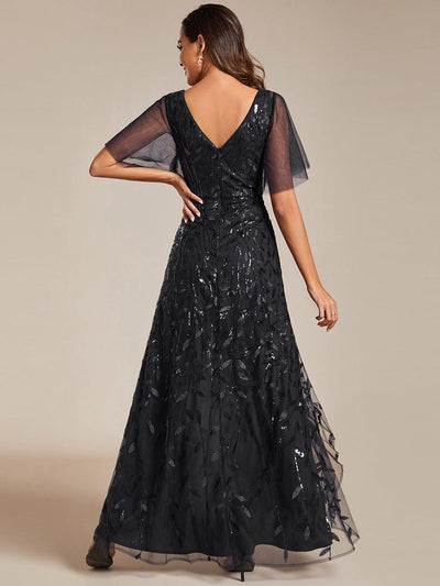 V-Neck Sequined Wedding Guest Dresses with High Slit #color_Black