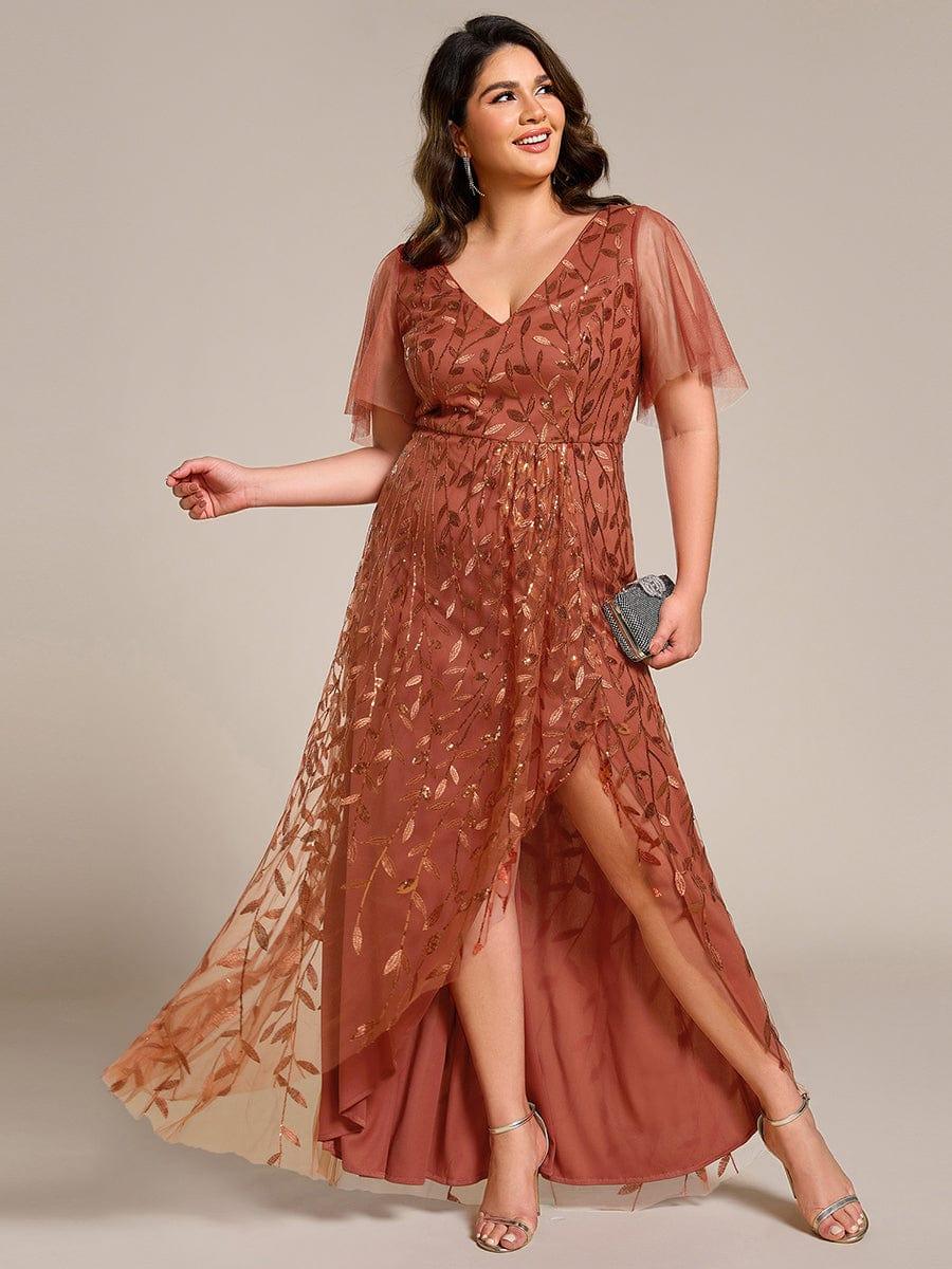 V-Neck Sequined Evening Dresses with High Slit #color_Burnt Orange