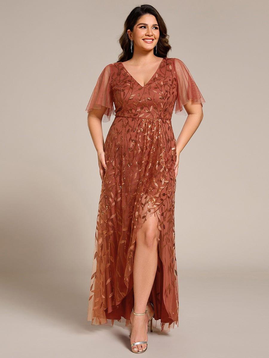 V-Neck Sequined Evening Dresses with High Slit #color_Burnt Orange