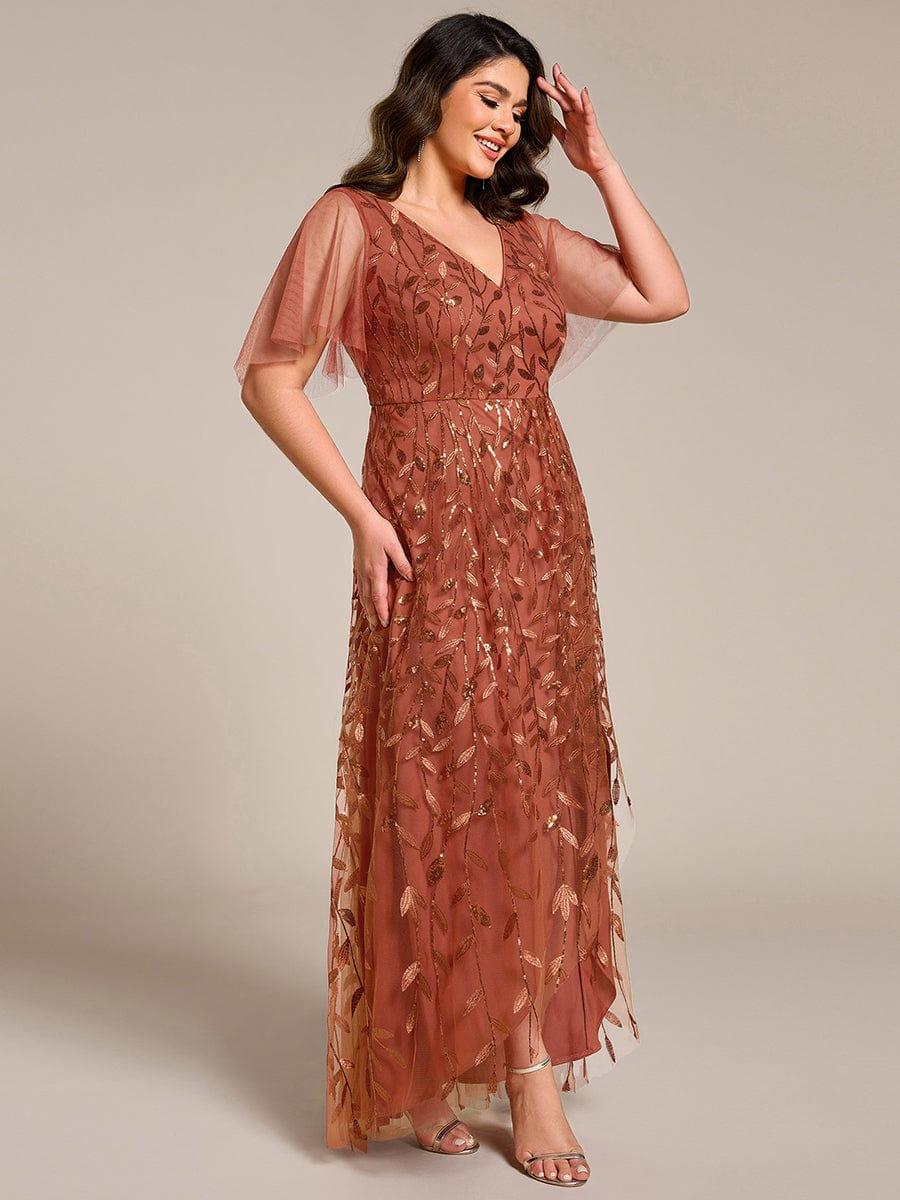 V-Neck Sequined Evening Dresses with High Slit #color_Burnt Orange