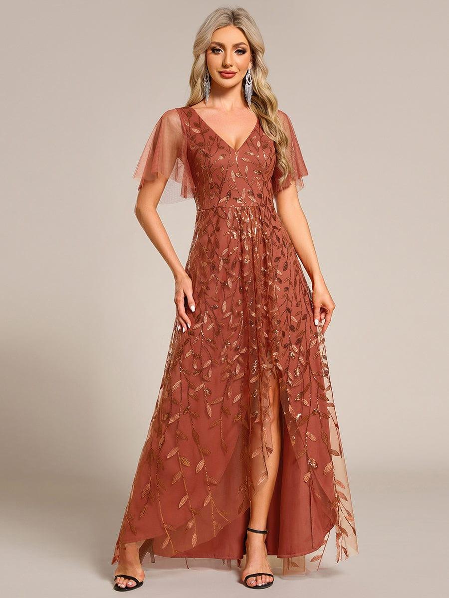 V-Neck Sequined Evening Dresses with High Slit #color_Burnt Orange