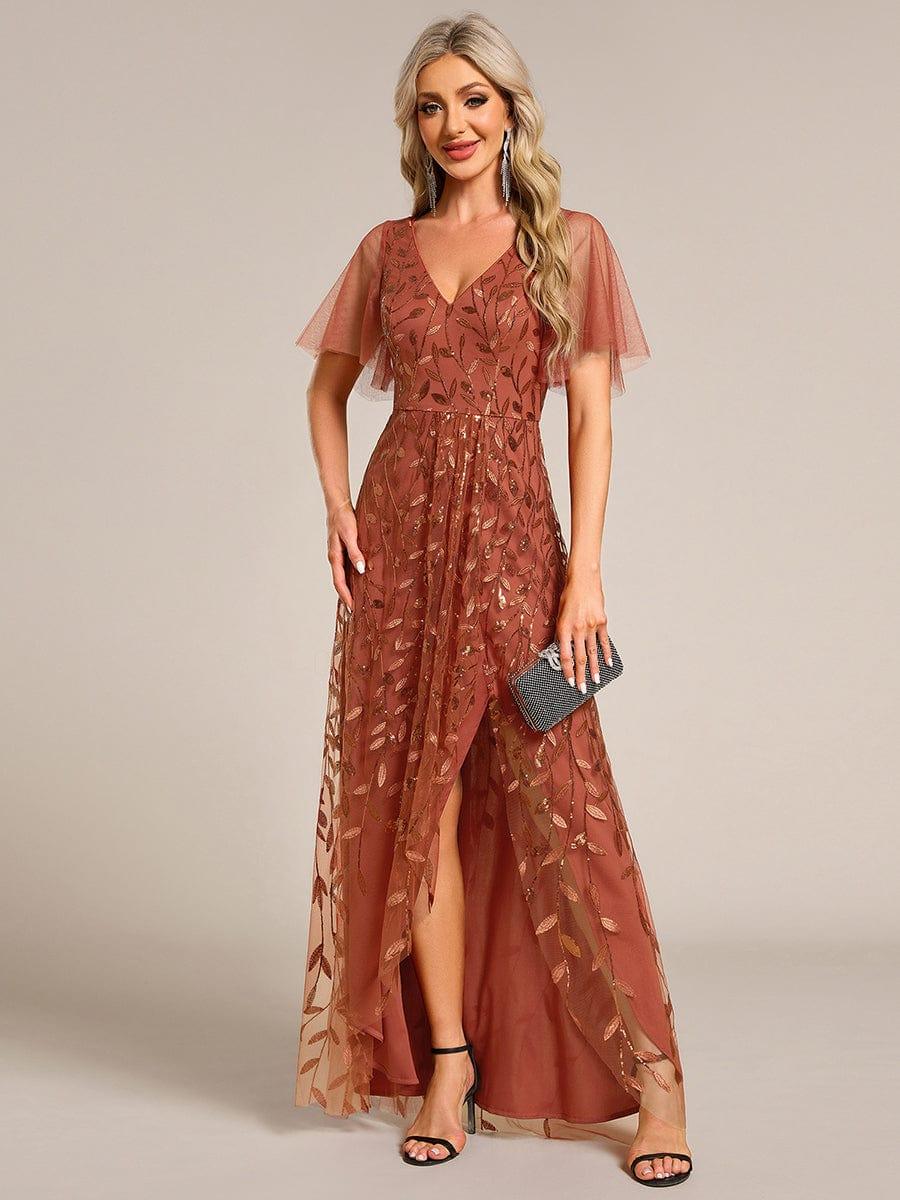 V-Neck Sequined Wedding Guest Dresses with High Slit #color_Burnt Orange
