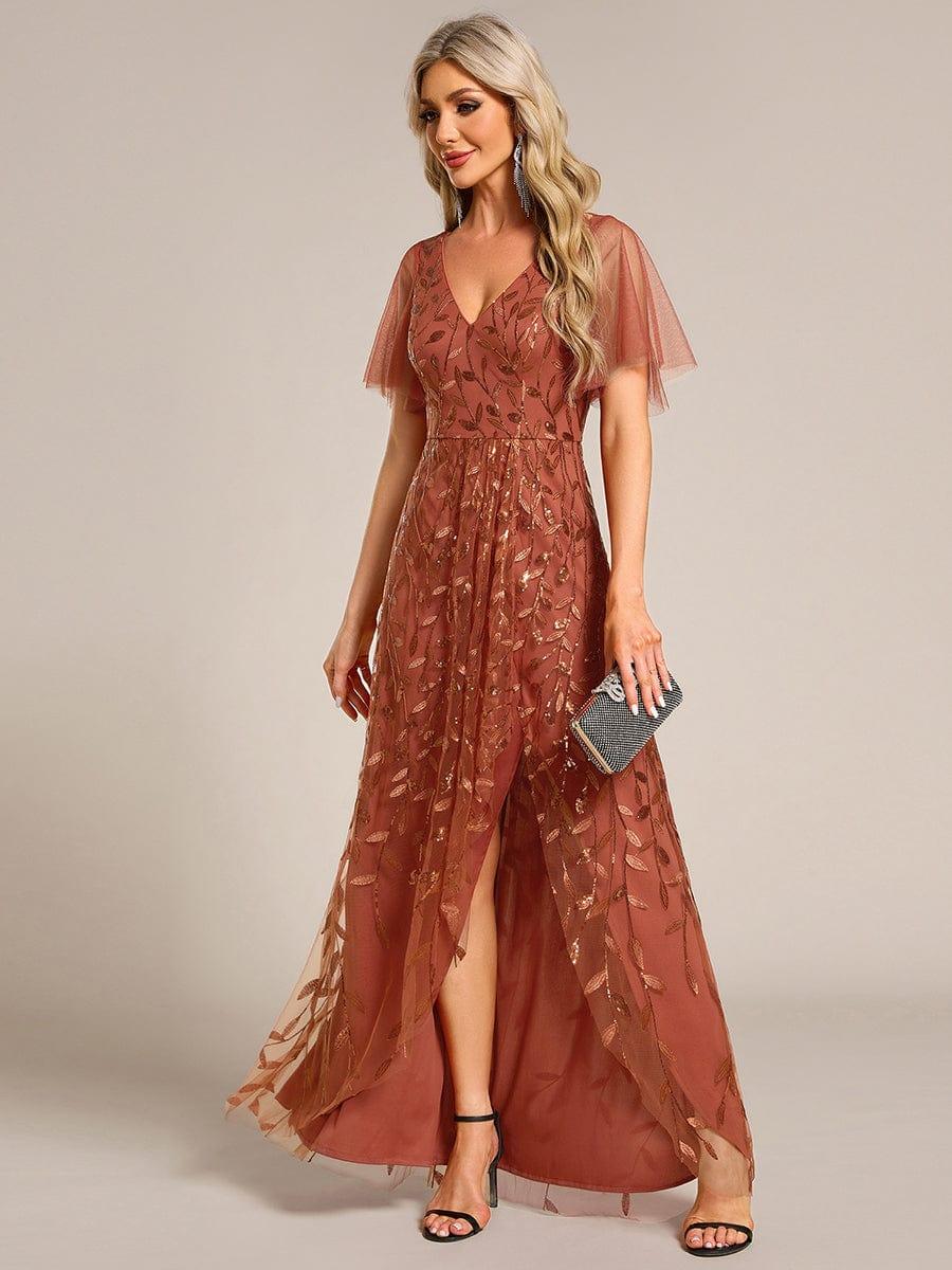 V-Neck Sequined Wedding Guest Dresses with High Slit #color_Burnt Orange