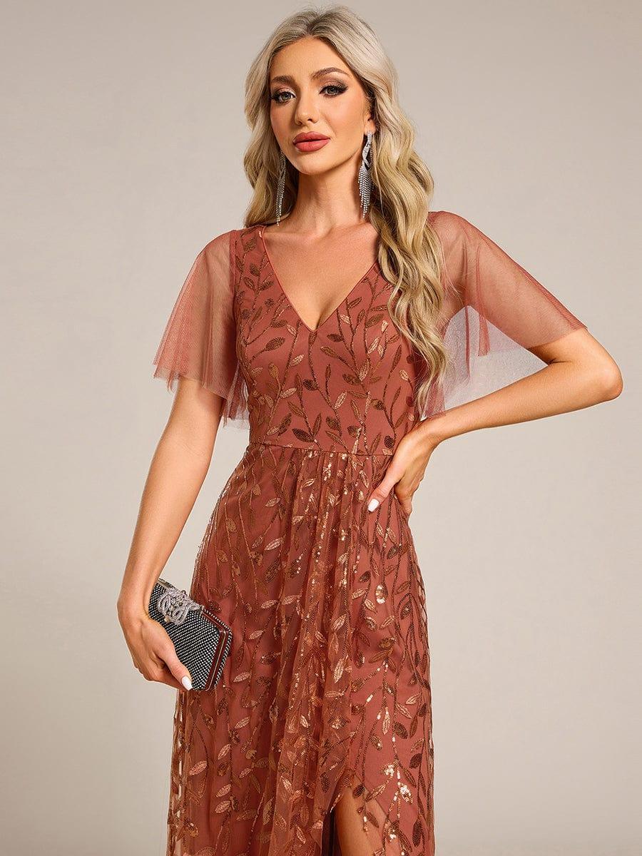 V-Neck Sequined Wedding Guest Dresses with High Slit #color_Burnt Orange