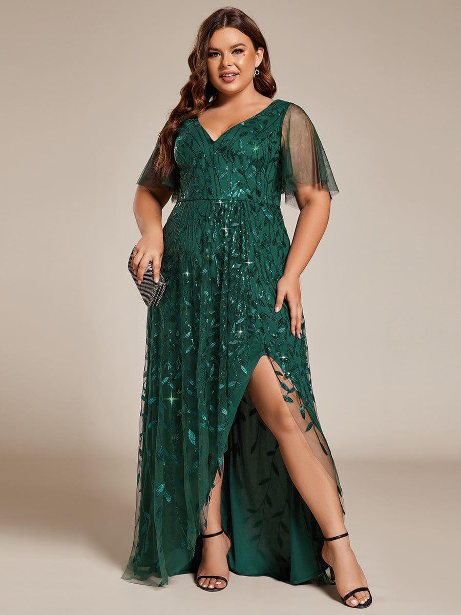 V-Neck Sequined Evening Dresses with High Slit #color_Dark Green
