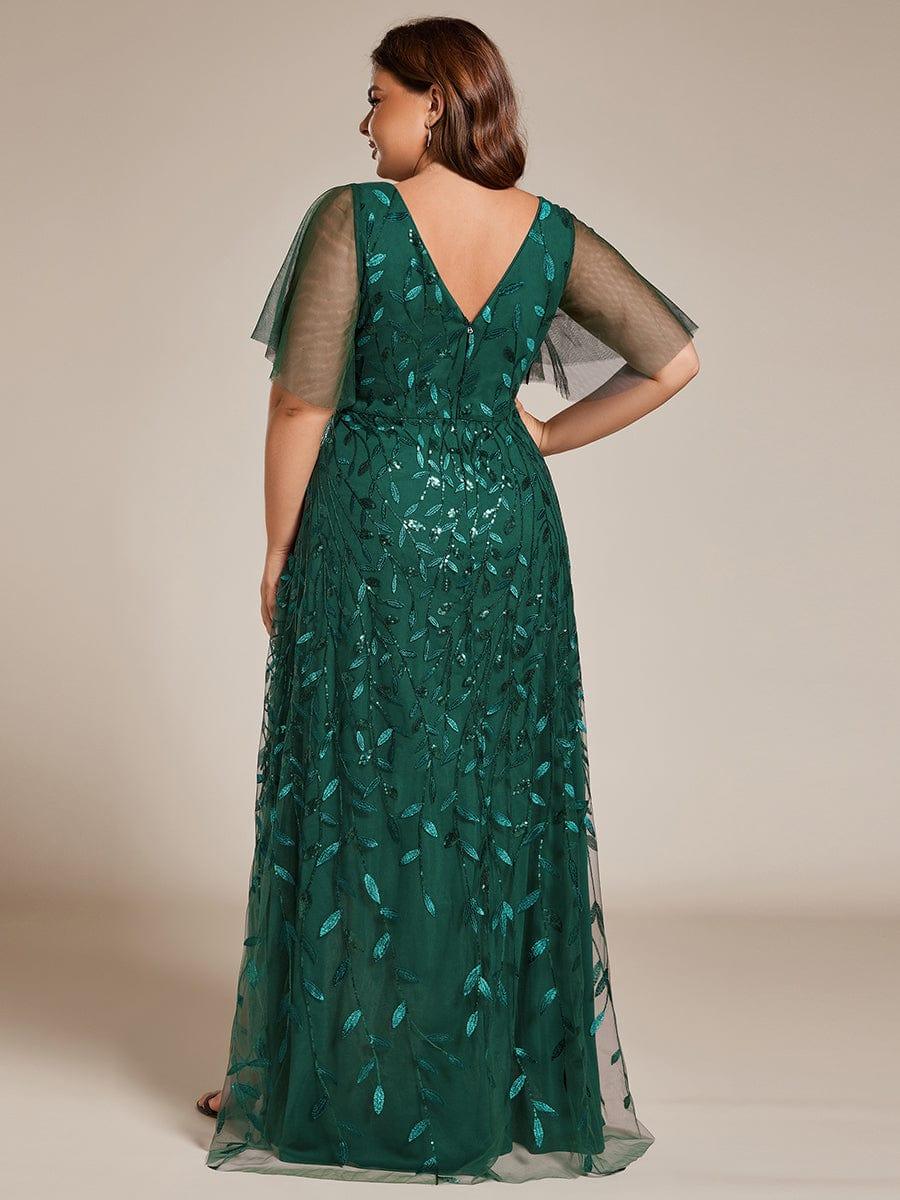 V-Neck Sequined Evening Dresses with High Slit #color_Dark Green
