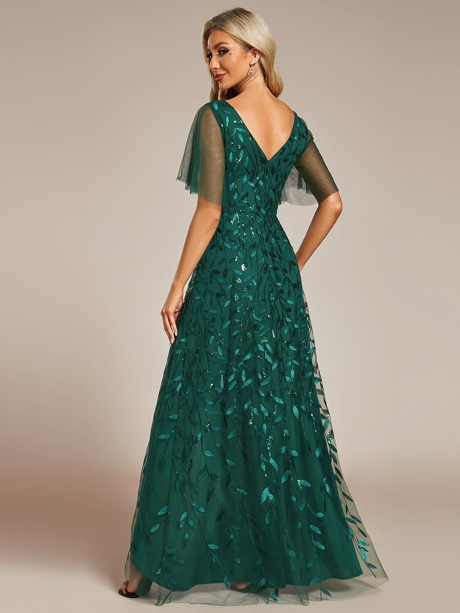 V-Neck Sequined Evening Dresses with High Slit #color_Dark Green