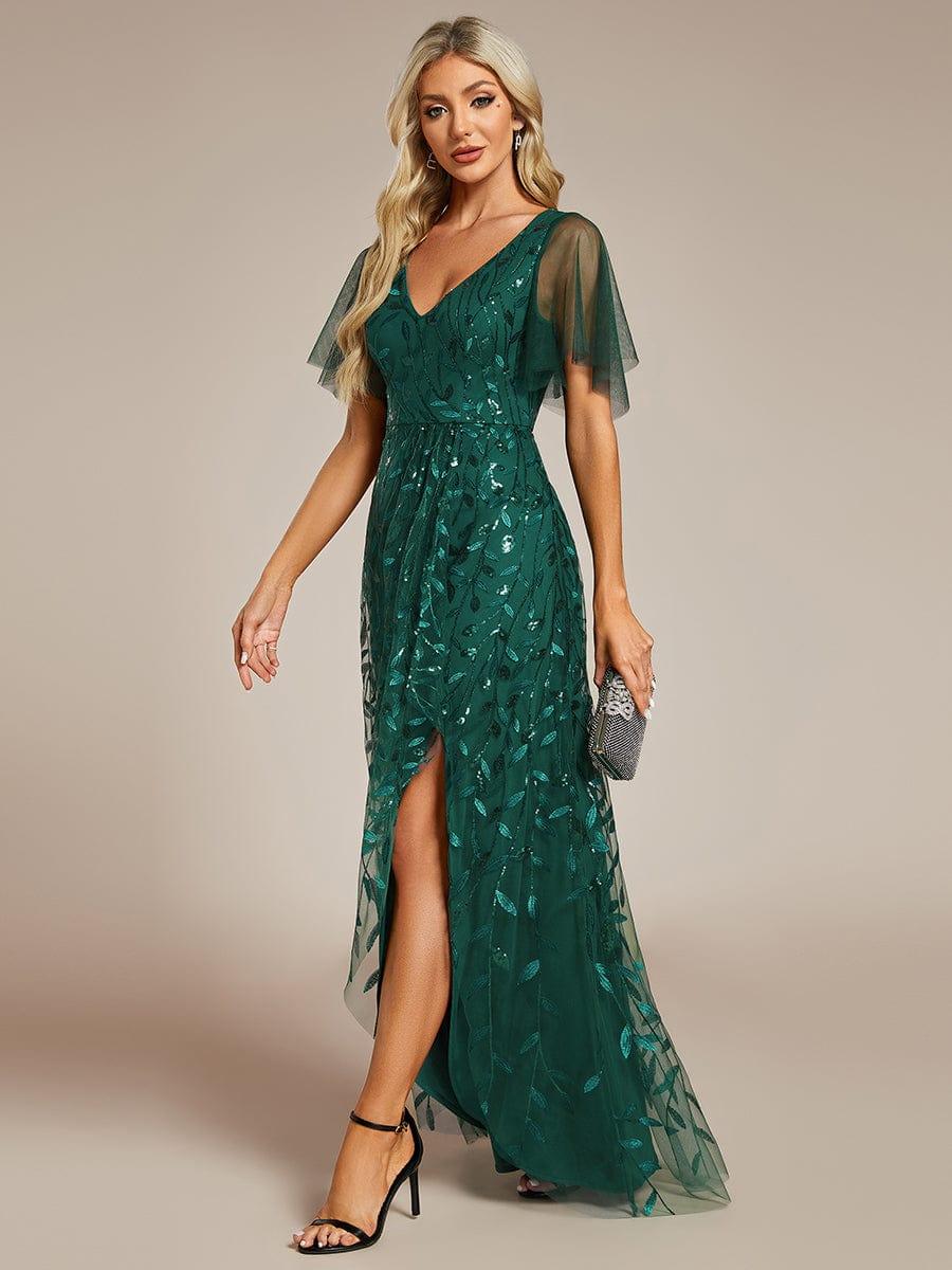 V-Neck Sequined Evening Dresses with High Slit #color_Dark Green