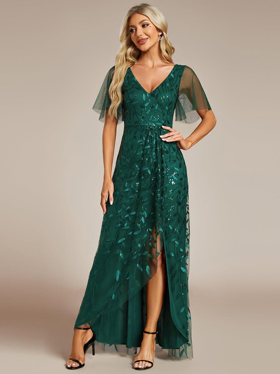 V-Neck Sequined Wedding Guest Dresses with High Slit #color_Dark Green