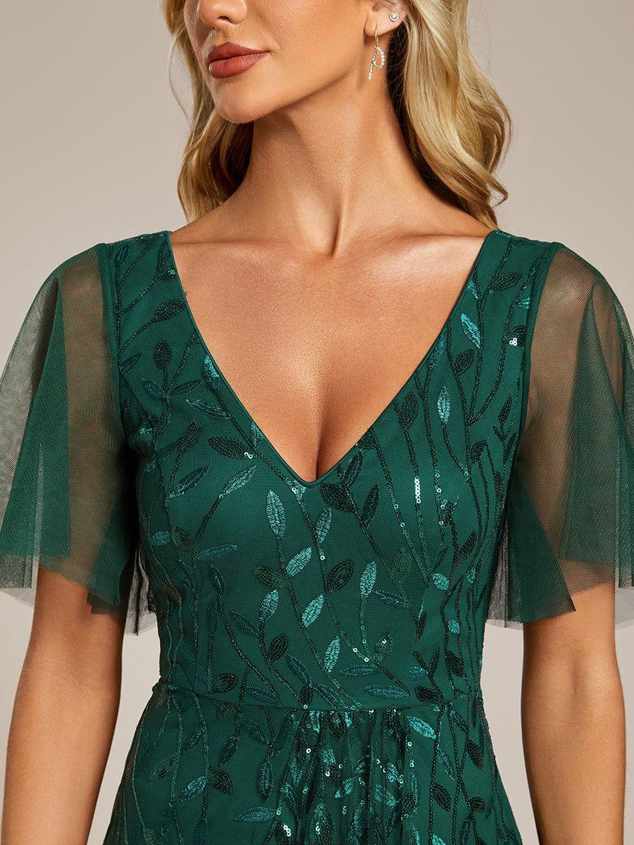 V-Neck Sequined Evening Dresses with High Slit #color_Dark Green