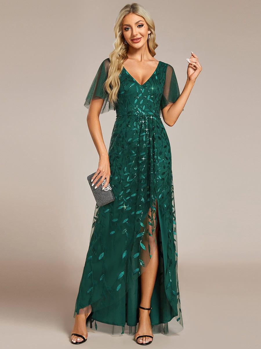 V-Neck Sequined Wedding Guest Dresses with High Slit #color_Dark Green