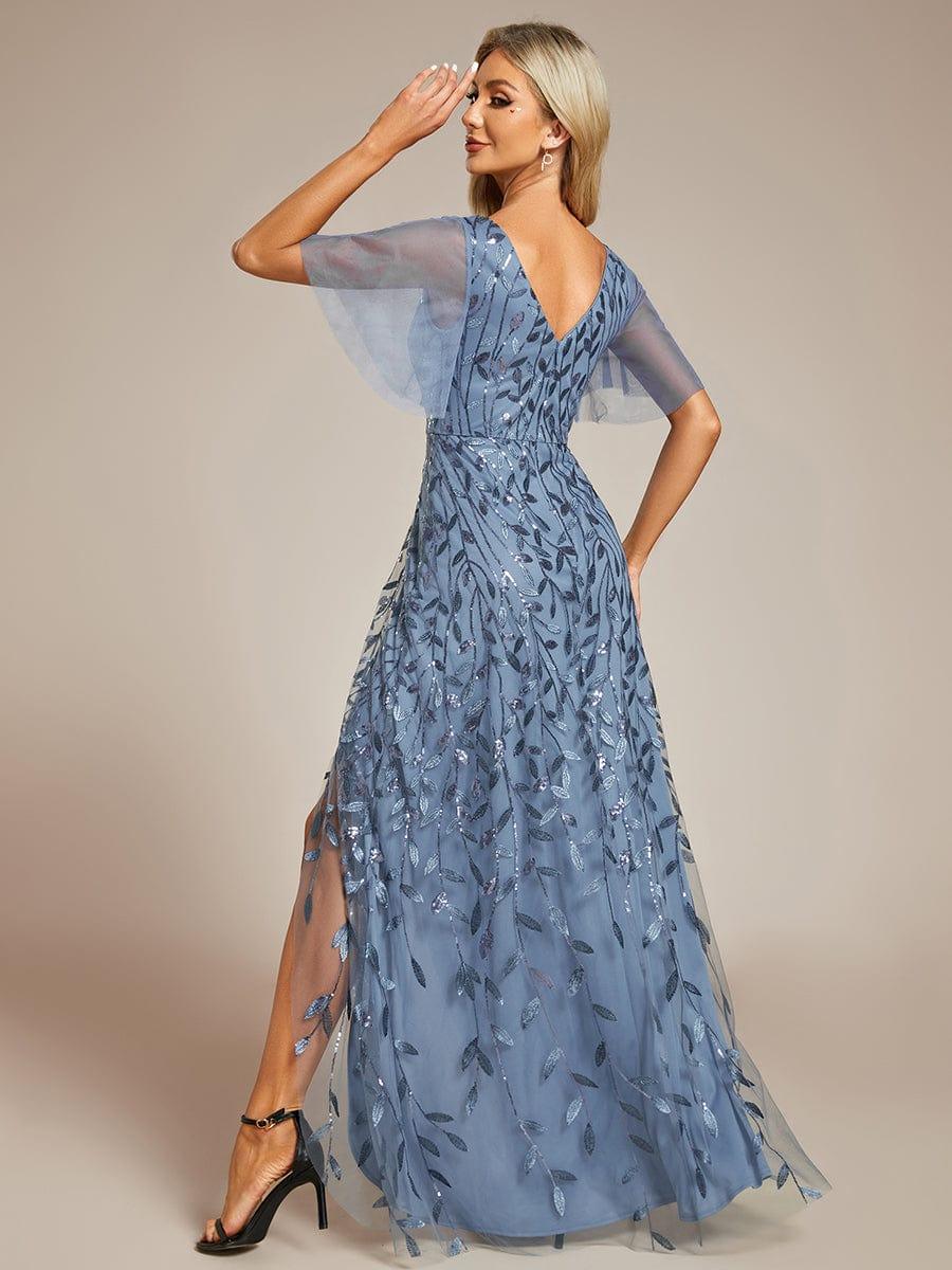 V-Neck Sequined Evening Dresses with High Slit #color_Dusty Blue