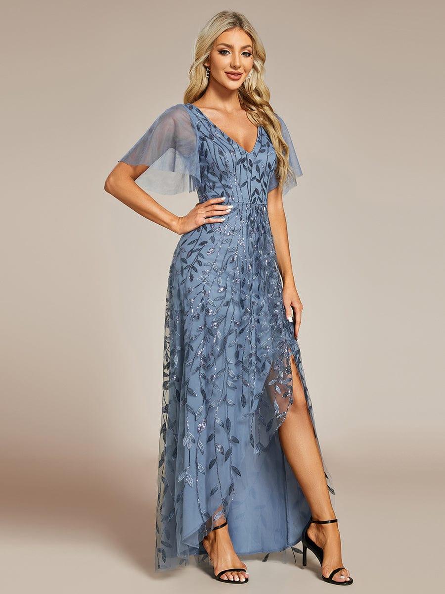 V-Neck Sequined Evening Dresses with High Slit #color_Dusty Blue