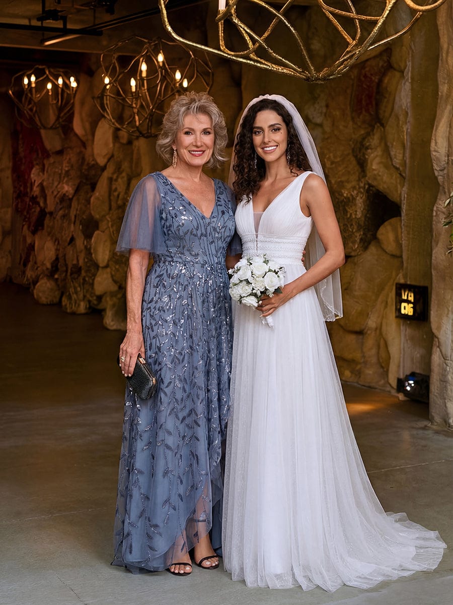 V-Neck Sequined Evening Dresses with High Slit #color_Dusty Blue