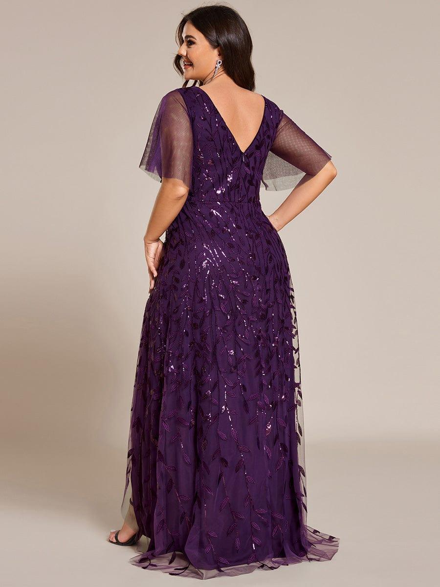 V-Neck Sequined Evening Dresses with High Slit #color_Dark Purple