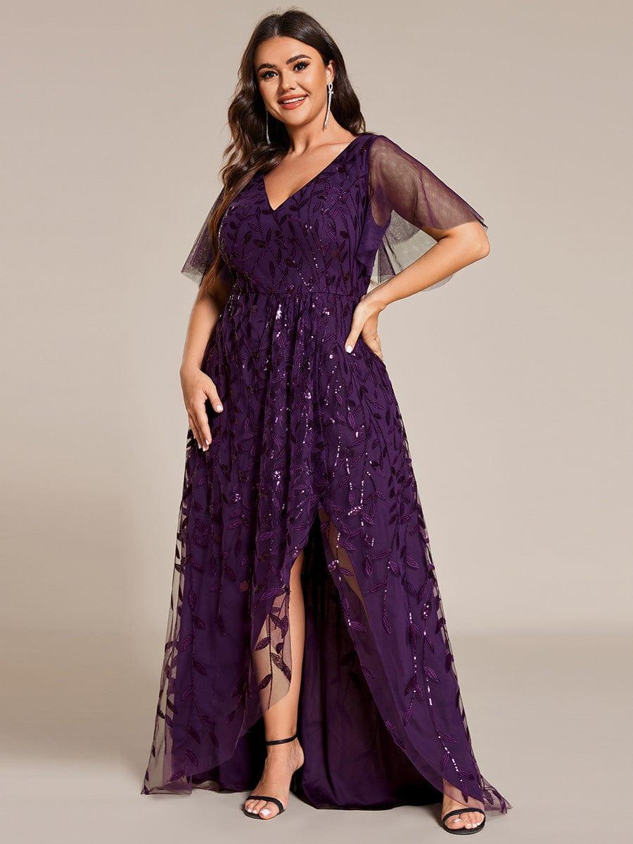 V-Neck Sequined Wedding Guest Dresses with High Slit #color_Dark Purple
