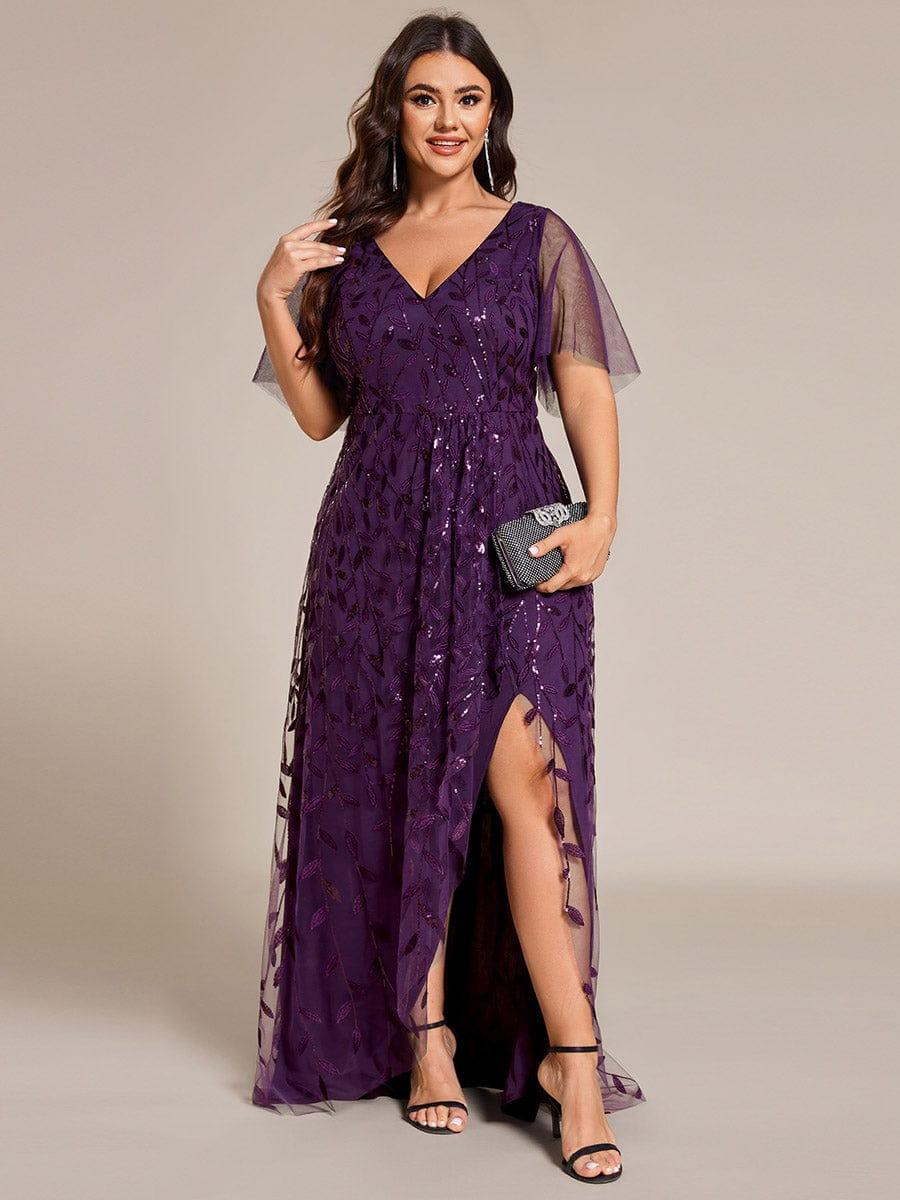 V-Neck Sequined Wedding Guest Dresses with High Slit #color_Dark Purple