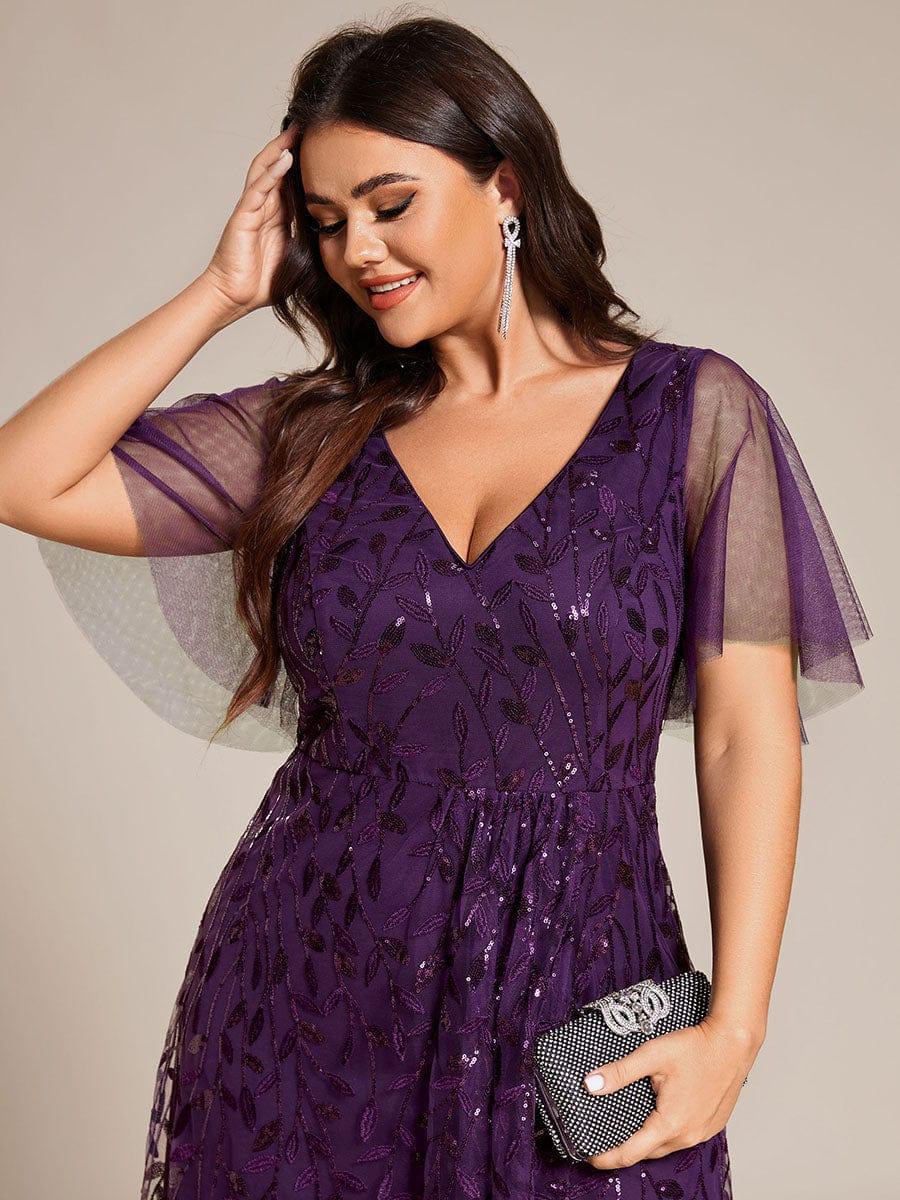 V-Neck Sequined Wedding Guest Dresses with High Slit #color_Dark Purple