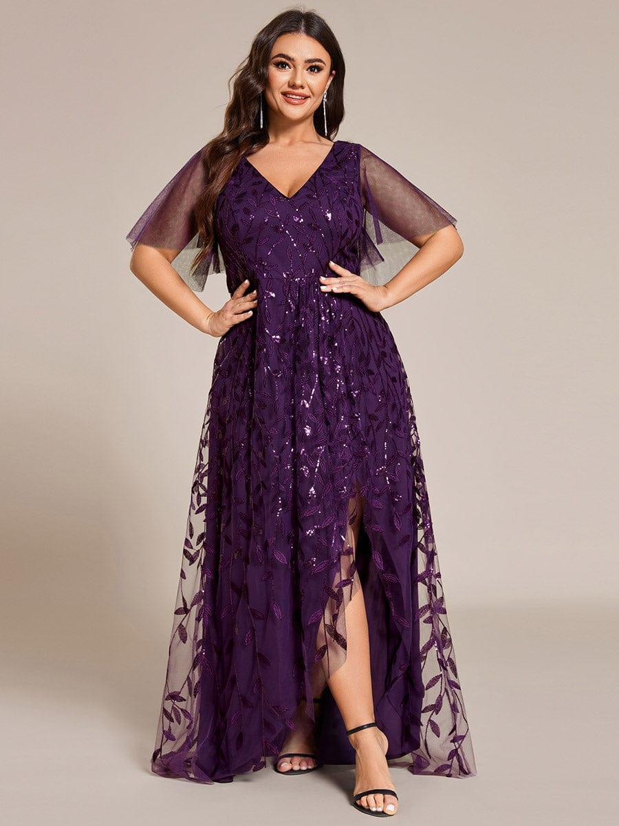 V-Neck Sequined Wedding Guest Dresses with High Slit #color_Dark Purple