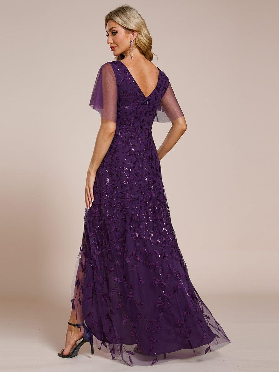 V-Neck Sequined Wedding Guest Dresses with High Slit #color_Dark Purple
