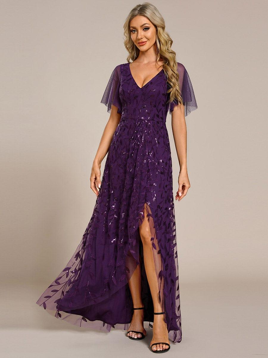 V-Neck Sequined Wedding Guest Dresses with High Slit #color_Dark Purple