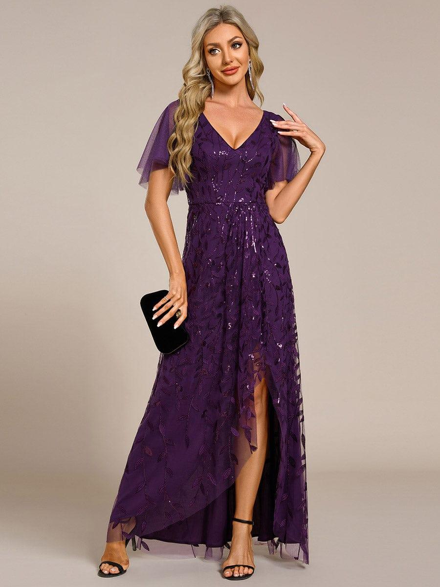 V-Neck Sequined Wedding Guest Dresses with High Slit #color_Dark Purple