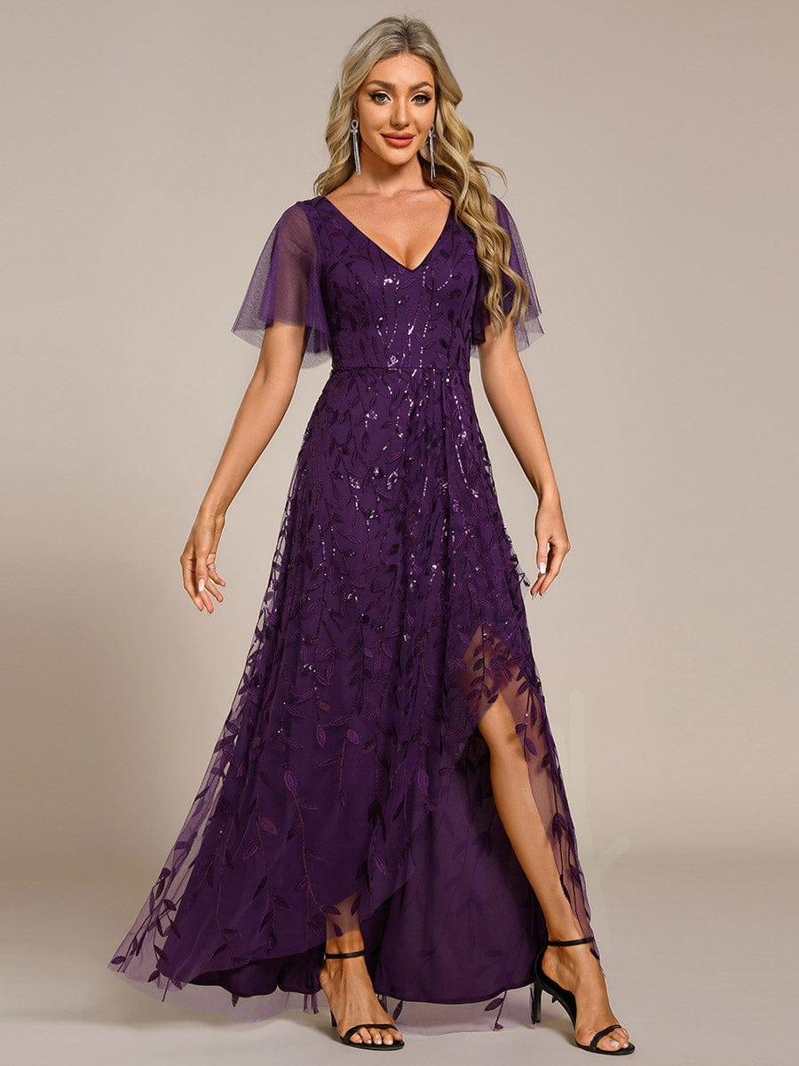V-Neck Sequined Wedding Guest Dresses with High Slit #color_Dark Purple