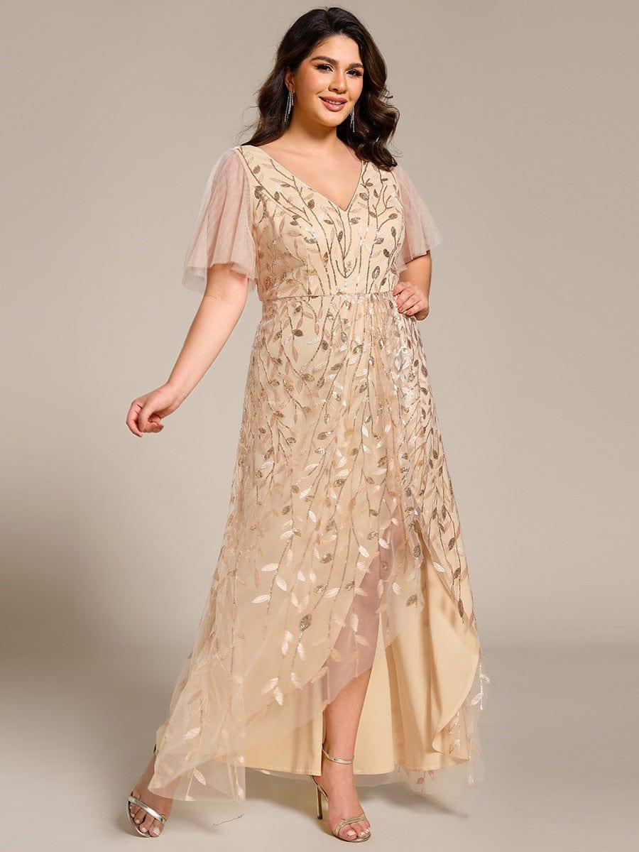 V-Neck Sequined Evening Dresses with High Slit #color_Gold