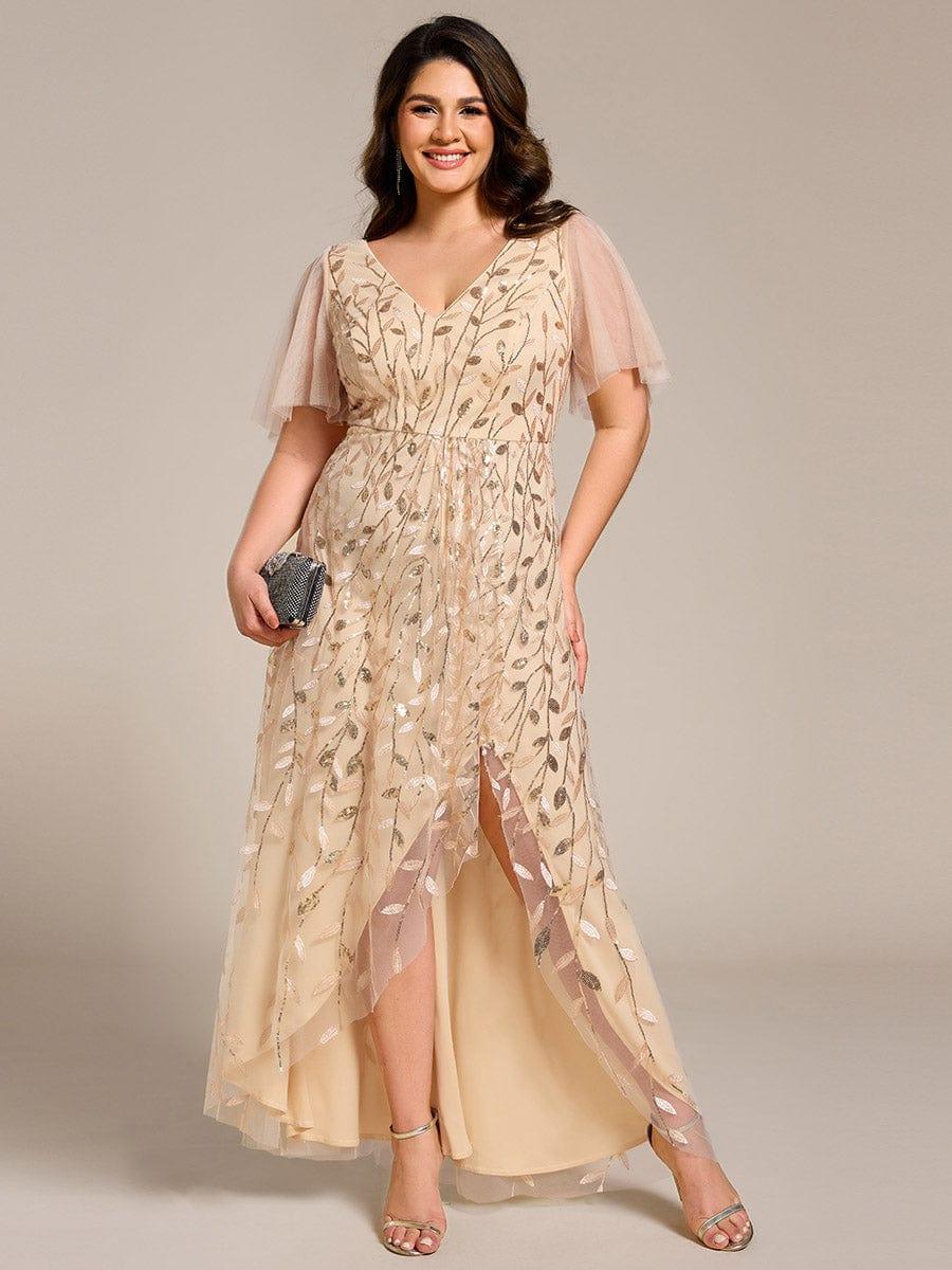 V-Neck Sequined Wedding Guest Dresses with High Slit #color_Gold