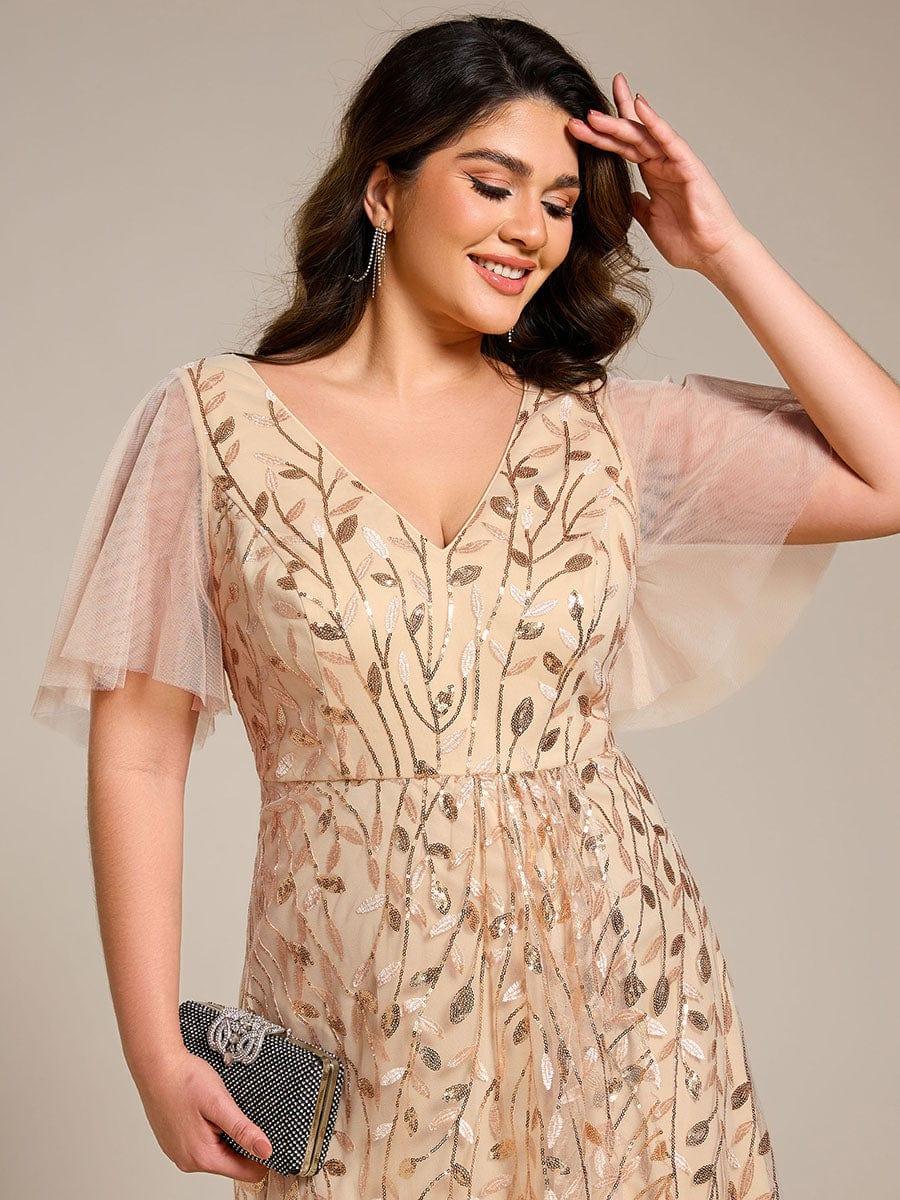V-Neck Sequined Wedding Guest Dresses with High Slit #color_Gold