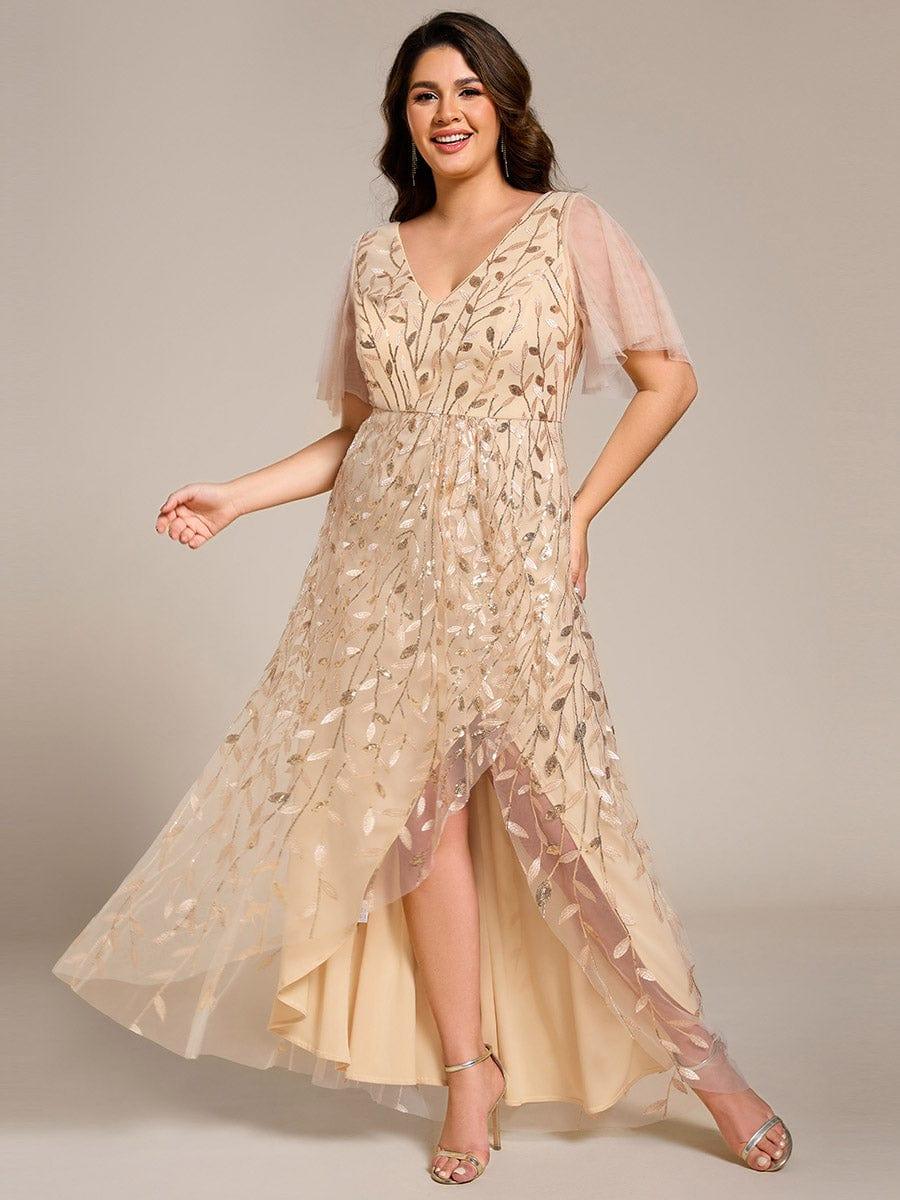 V-Neck Sequined Wedding Guest Dresses with High Slit #color_Gold