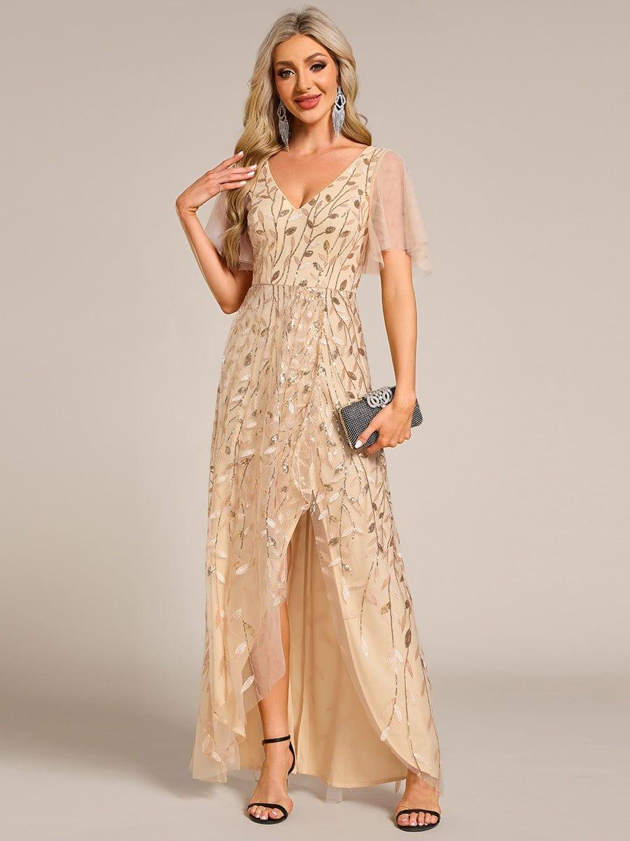 V-Neck Sequined Evening Dresses with High Slit #color_Gold