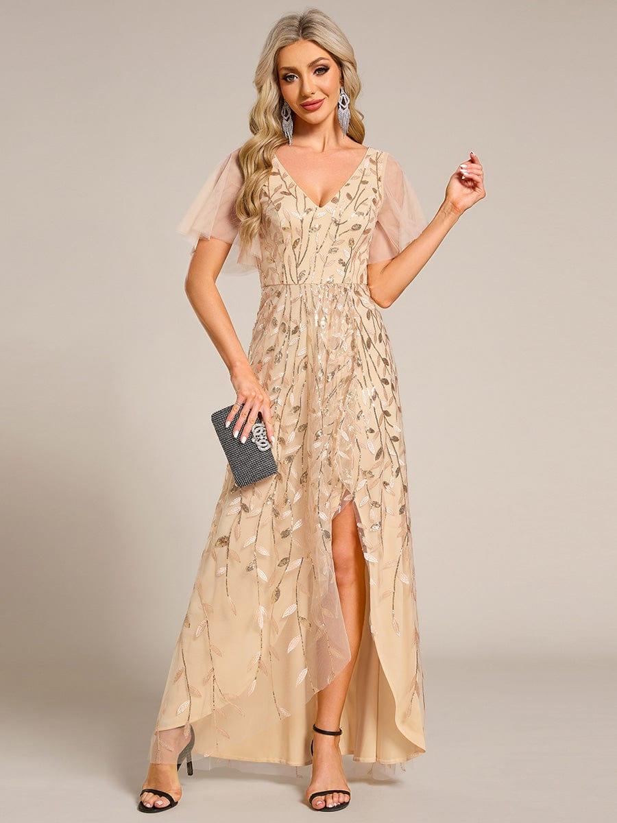 V-Neck Sequined Evening Dresses with High Slit #color_Gold